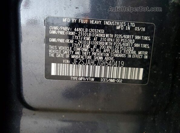 JF2SJAHC7GH540419 2016 SUBARU FORESTER Угольный Вид наклейки с VIN-кодом