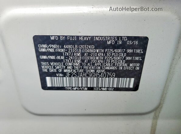 JF2SJAHC9GH540759 2016 SUBARU FORESTER White VIN sticker view