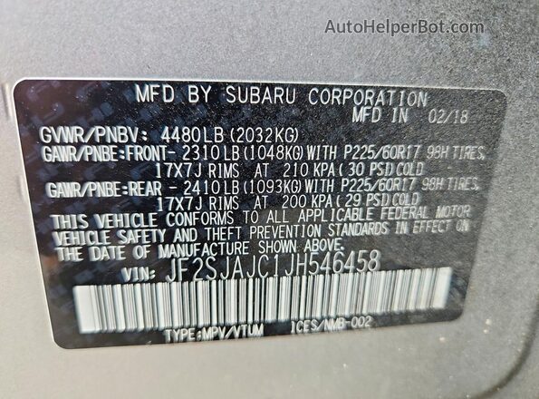 JF2SJAJC1JH546458 2018 SUBARU FORESTER Silver VIN კოდის სტიკერის ხედი