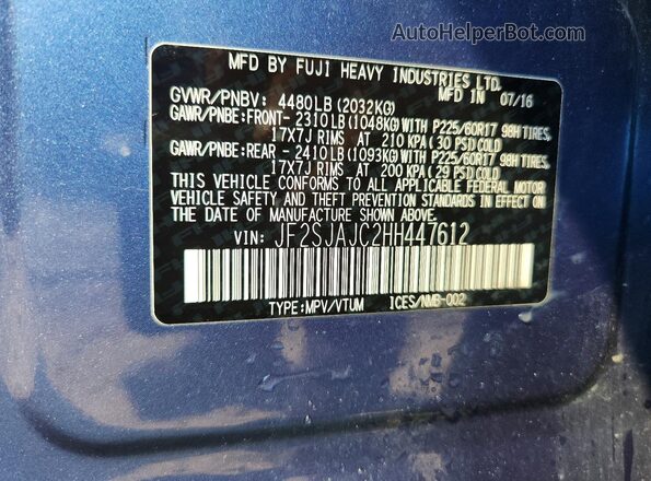 JF2SJAJC2HH447612 2017 SUBARU FORESTER Blue VIN կոդի պիտակի տեսք