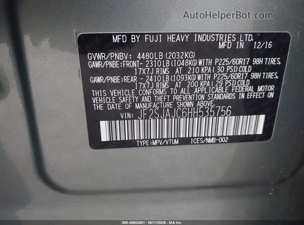 JF2SJAJC6HH535756 2017 SUBARU FORESTER Green Vista del compartimento del motor