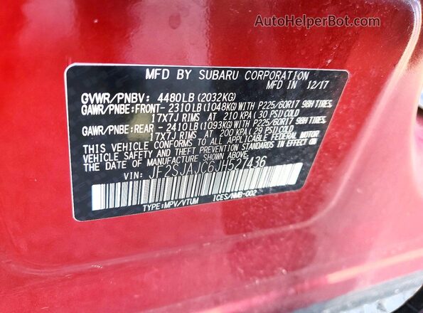 JF2SJAJC6JH527436 2018 SUBARU FORESTER Maroon VIN კოდის სტიკერის ხედი