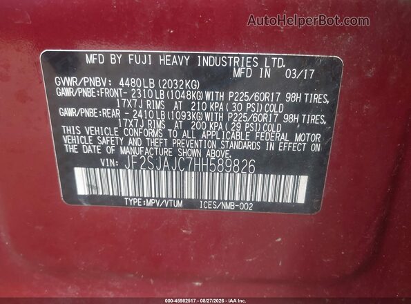 JF2SJAJC7HH589826 2017 SUBARU FORESTER Red Вид підкапотного простору