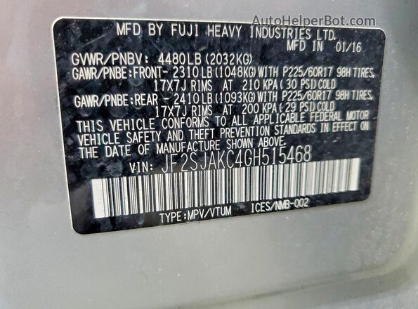JF2SJAKC4GH515468 2016 SUBARU FORESTER Silver VIN კოდის სტიკერის ხედი