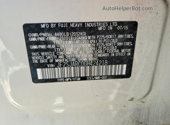 JF2SJARC0GH424218 2016 SUBARU FORESTER White VIN sticker view