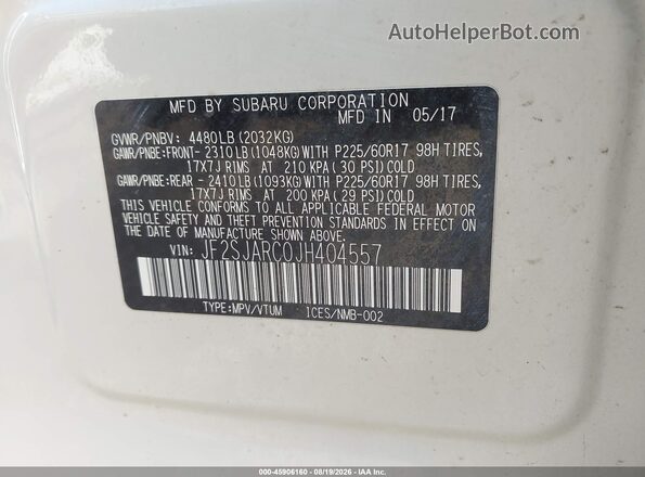 JF2SJARC0JH404557 2018 SUBARU FORESTER White Вид підкапотного простору