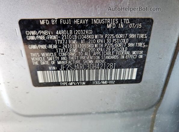 JF2SJARC3GH421281 2016 SUBARU FORESTER Silver VIN կոդի պիտակի տեսք