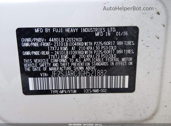 JF2SJARC3GH521882 2016 SUBARU FORESTER White Շարժիչի բաժամունքի տեսք