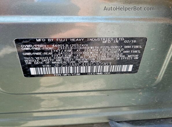 JF2SJARC4GH530963 2016 SUBARU FORESTER Green VIN կոդի պիտակի տեսք