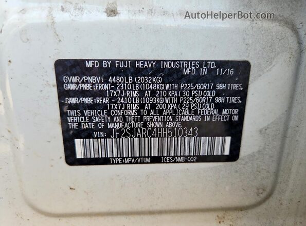JF2SJARC4HH510343 2017 SUBARU FORESTER Белый Панорамный вид салона 360°