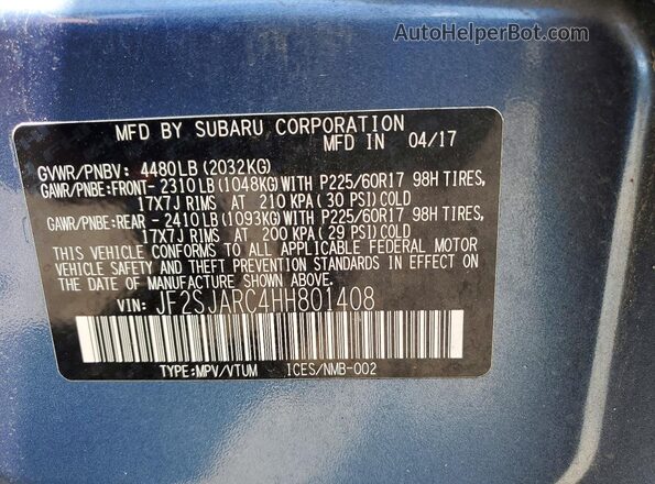 JF2SJARC4HH801408 2017 SUBARU FORESTER Blue VIN sticker view