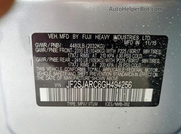 JF2SJARC6GH494256 2016 SUBARU FORESTER Silver Vista de la etiqueta del VIN