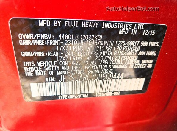 JF2SJARC7GH509444 2016 SUBARU FORESTER Red Vista interior de 360 grados