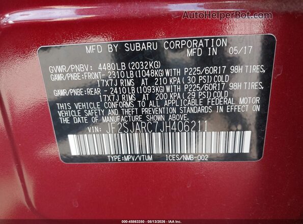 JF2SJARC7JH406211 2018 SUBARU FORESTER Red Շարժիչի բաժամունքի տեսք