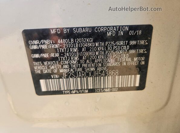 JF2SJARCXJH543868 2018 SUBARU FORESTER White VIN sticker view