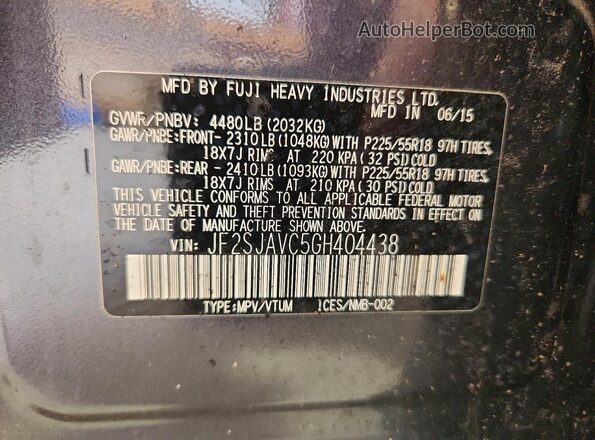 JF2SJAVC5GH404438 2016 SUBARU FORESTER Black VIN კოდის სტიკერის ხედი