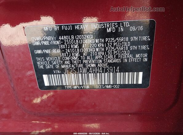 JF2SJAWC4HH473914 2017 SUBARU FORESTER Красный Вид подкапотного пространства