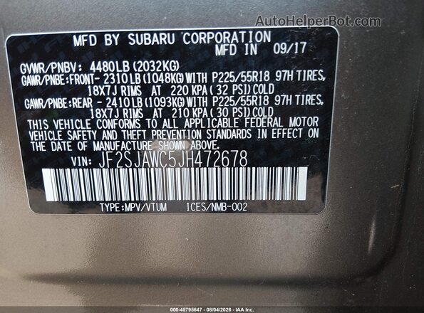 JF2SJAWC5JH472678 2018 SUBARU FORESTER Серый Вид подкапотного пространства