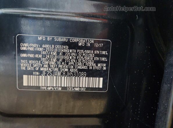 JF2SJAWC8JH531089 2018 SUBARU FORESTER Черный Вид наклейки с VIN-кодом