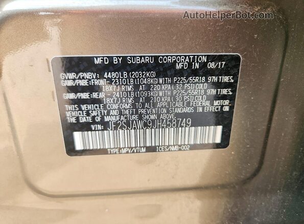 JF2SJAWC9JH458749 2018 SUBARU FORESTER Green Widok naklejki z numerem VIN