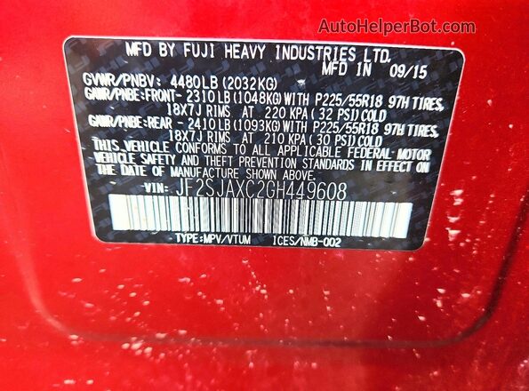 JF2SJAXC2GH449608 2016 SUBARU FORESTER Red VIN sticker view