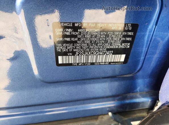 JF2SJAXC9GH472402 2016 SUBARU FORESTER Blue Vista de la etiqueta del VIN