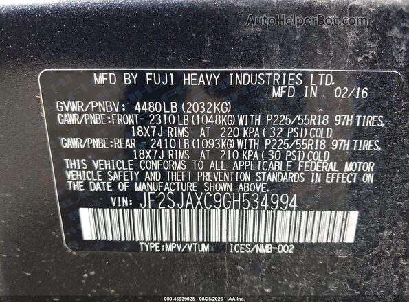 JF2SJAXC9GH534994 2016 SUBARU FORESTER Gray Widok komory silnika