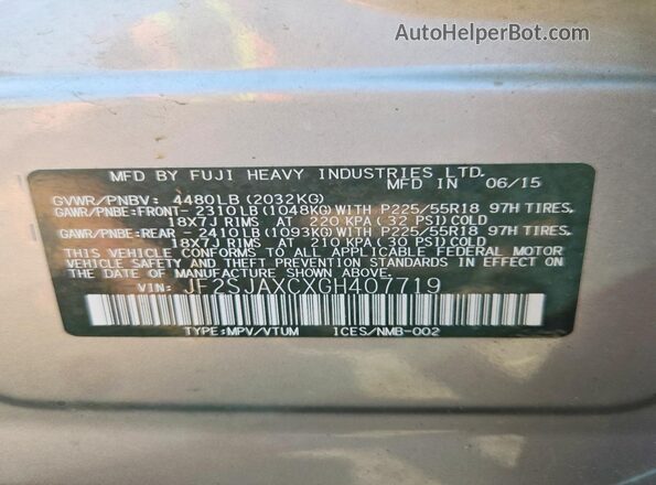 JF2SJAXCXGH407719 2016 SUBARU FORESTER Silver Vista de la etiqueta del VIN