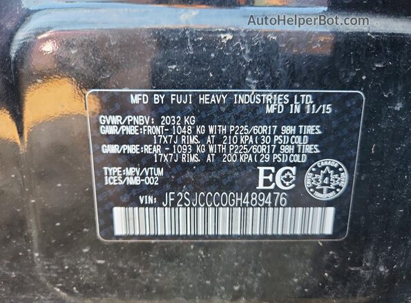 JF2SJCCC0GH489476 2016 SUBARU FORESTER Black VIN sticker view
