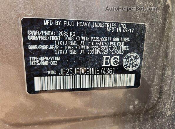 JF2SJEDC9HH574361 2017 SUBARU FORESTER Brown Vista de la etiqueta del VIN