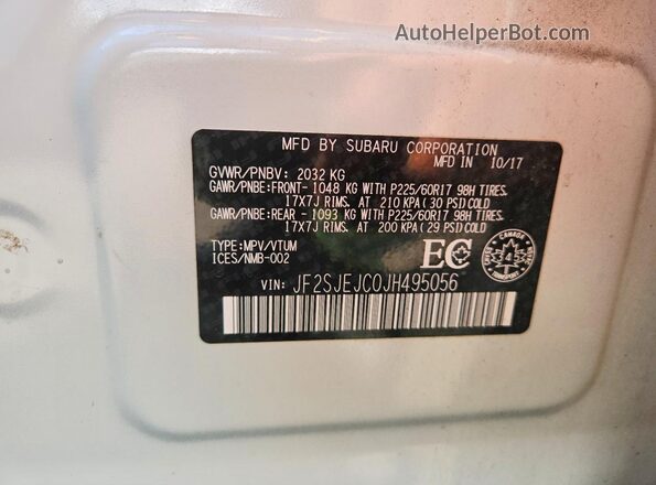 JF2SJEJC0JH495056 2018 SUBARU FORESTER White Vista de la etiqueta del VIN