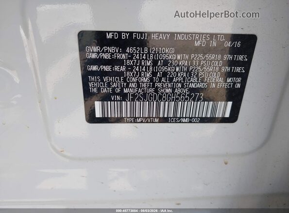 JF2SJGDC8GH565273 2016 SUBARU FORESTER White Widok komory silnika
