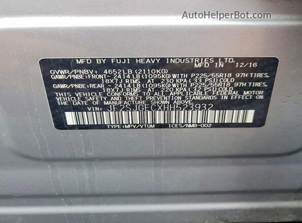 JF2SJGECXHH523932 2017 SUBARU FORESTER Silver Widok naklejki z numerem VIN
