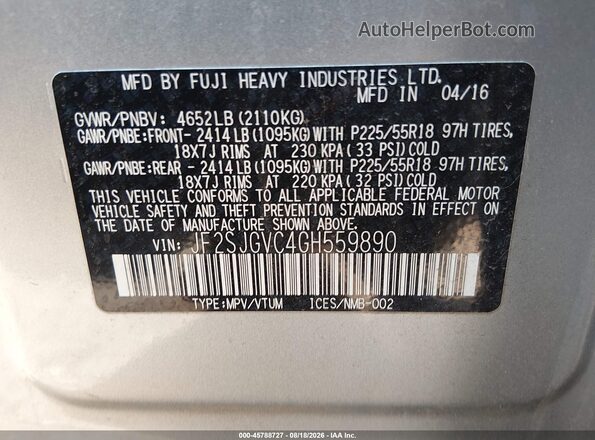 JF2SJGVC4GH559890 2016 SUBARU FORESTER Silver Вид підкапотного простору