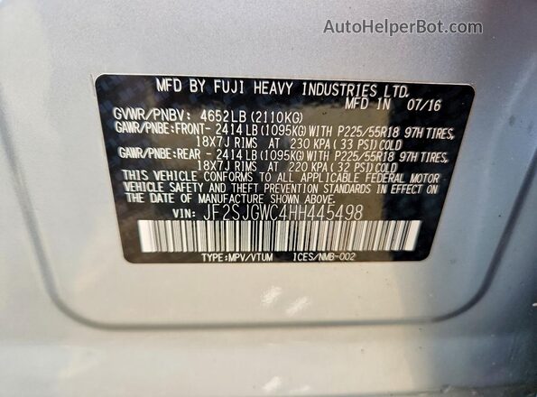 JF2SJGWC4HH445498 2017 SUBARU FORESTER Silver Engine compartment view