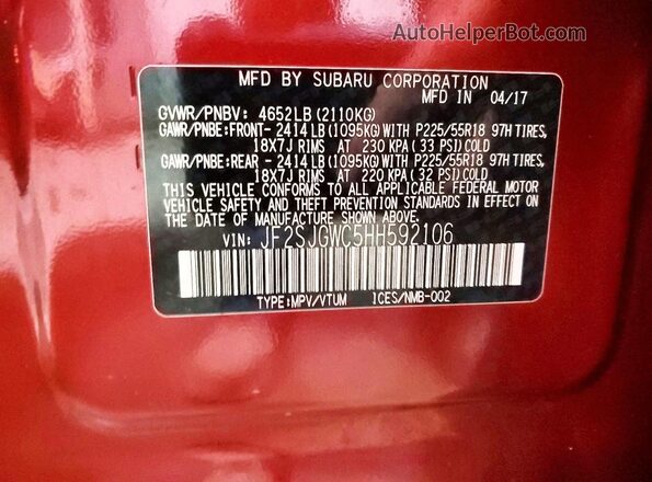 JF2SJGWC5HH592106 2017 SUBARU FORESTER Red VIN კოდის სტიკერის ხედი