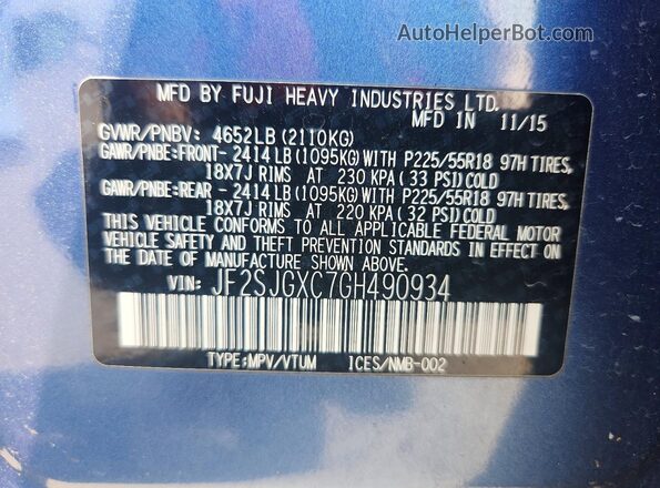 JF2SJGXC7GH490934 2016 SUBARU FORESTER Turquoise Vista de la etiqueta del VIN
