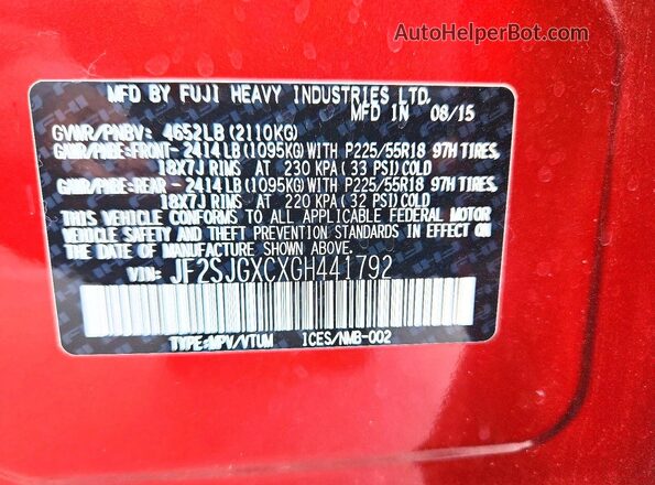 JF2SJGXCXGH441792 2016 SUBARU FORESTER Maroon 