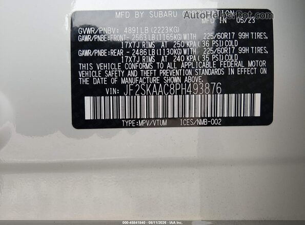 JF2SKAAC8PH493876 2023 SUBARU FORESTER White Вид підкапотного простору