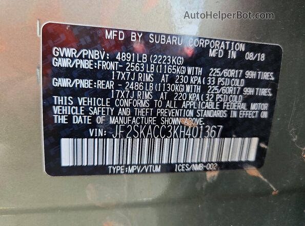 JF2SKACC3KH401367 2019 SUBARU FORESTER Green ძრავის განყოფილების ხედი