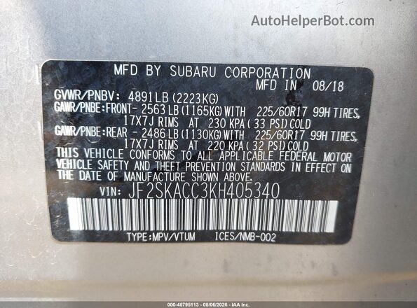 JF2SKACC3KH405340 2019 SUBARU FORESTER Silver Widok komory silnika