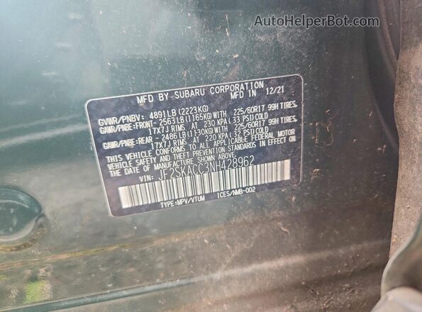 JF2SKACC3NH428962 2022 SUBARU FORESTER Green VIN կոդի պիտակի տեսք