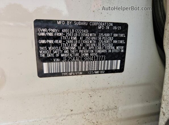 JF2SKACC3RH417773 2024 SUBARU FORESTER White Вид наклейки з VIN-кодом