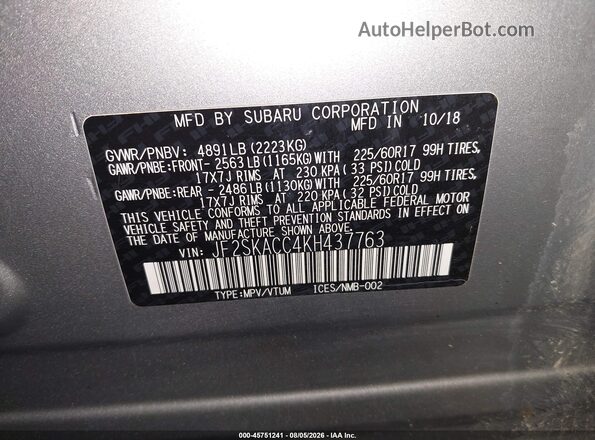 JF2SKACC4KH437763 2019 SUBARU FORESTER Silver Вид підкапотного простору