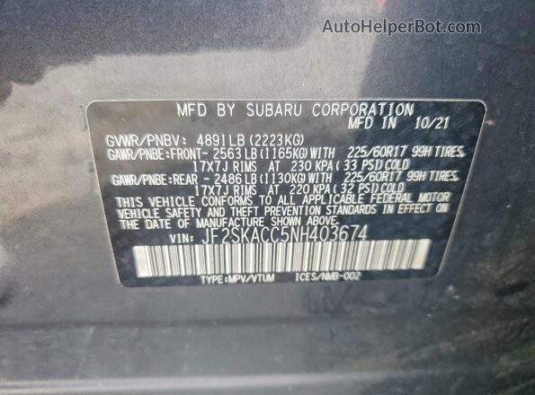 JF2SKACC5NH403674 2022 SUBARU FORESTER Угольный Вид наклейки с VIN-кодом