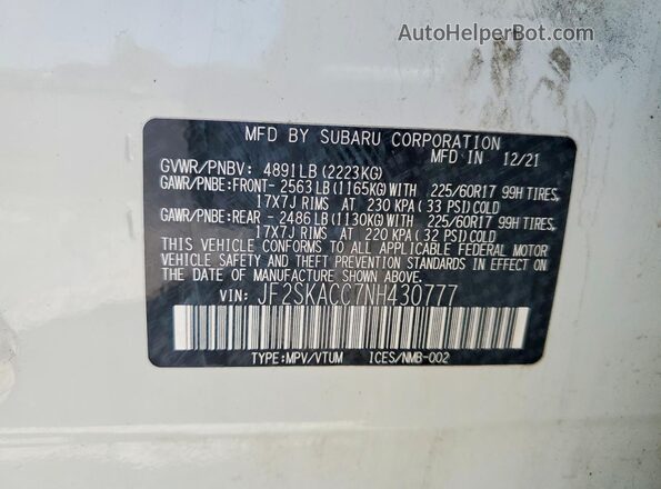 JF2SKACC7NH430777 2022 SUBARU FORESTER White Widok naklejki z numerem VIN