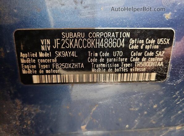 JF2SKACC8KH488604 2019 SUBARU FORESTER Blue VIN კოდის სტიკერის ხედი