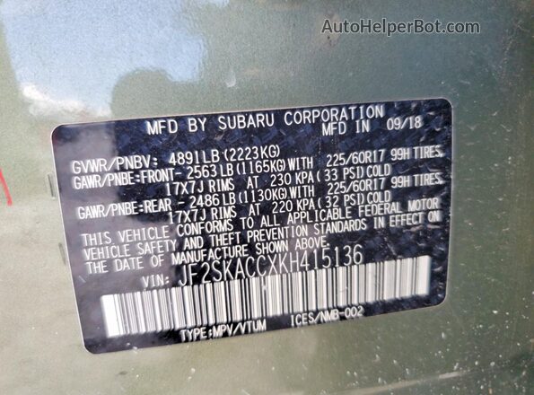 JF2SKACCXKH415136 2019 SUBARU FORESTER Green VIN կոդի պիտակի տեսք