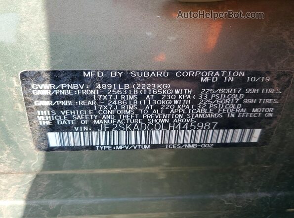 JF2SKADC0LH445987 2020 SUBARU FORESTER Green 360 interior view