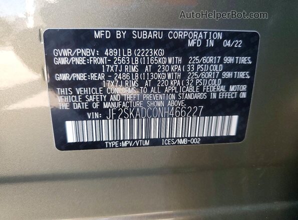 JF2SKADC0NH466227 2022 SUBARU FORESTER Green Engine compartment view